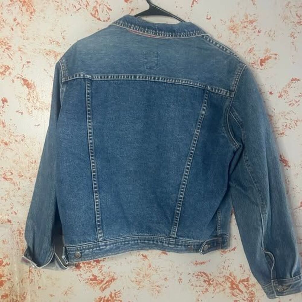 Vintage 90s GAP Denim Trucker Jacket Womens M Pink Paisley Cuffs Hong Kong - Picture 5 of 7
